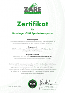 Zertifikat für Danninger OHG Spezialtransporte